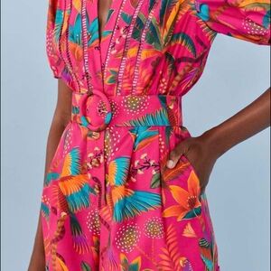 FARM Rio Macaw Belted Puff Sleeve Romper